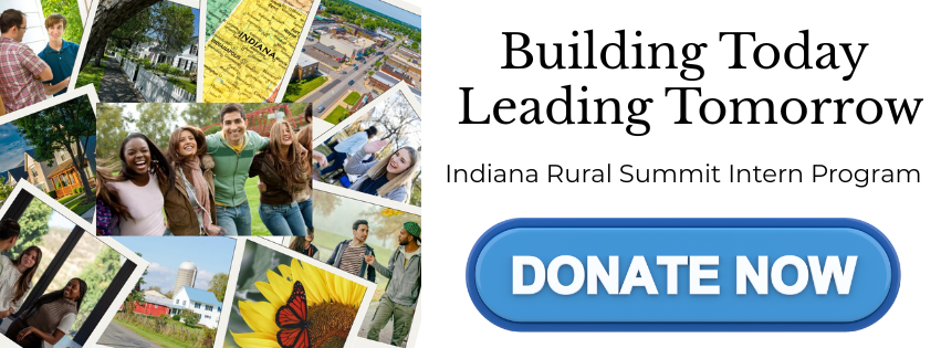 "Building Today Leading Tomorrow" Photo collage of Indiana map, students canvassing, rural and small town communities