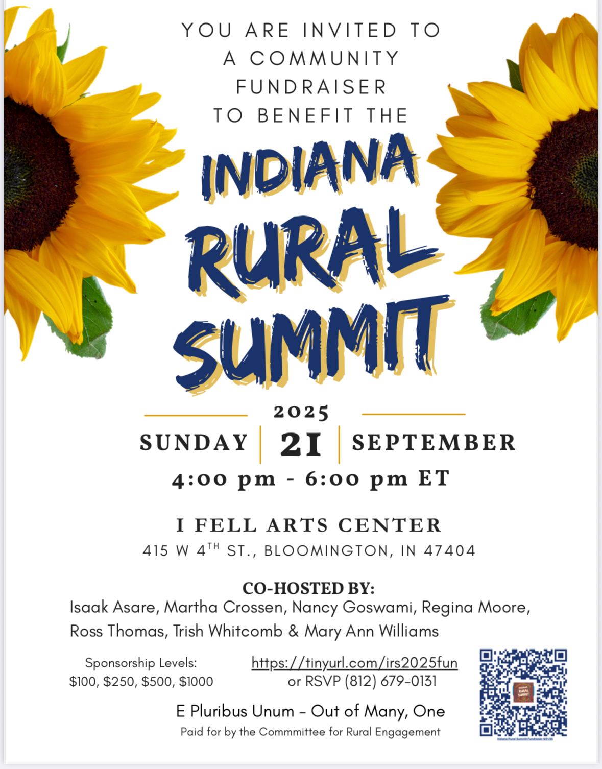 Event flyer decorated with bright sunflowers, announcing a community fundraiser for the Indiana Rural Summit on September 21, 2025, in Bloomington, Indiana, with event details, co-host names, sponsorship levels, RSVP info, and a QR code.